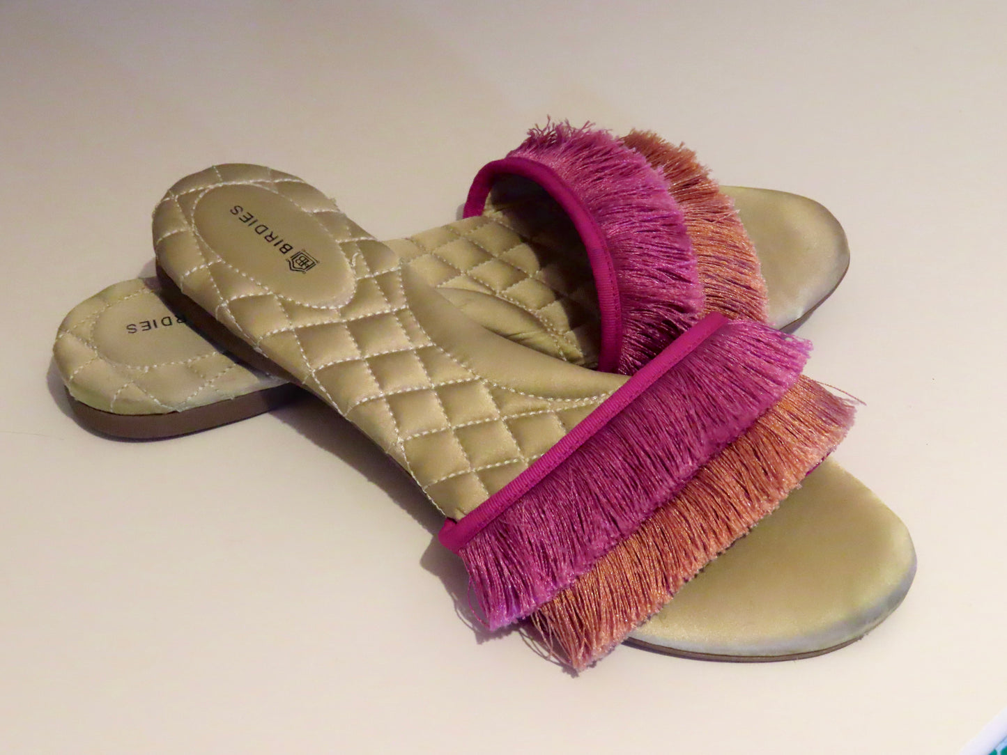 Birdies | Sparrow Fringe Sandal Slides in Sangria Pink + Orange