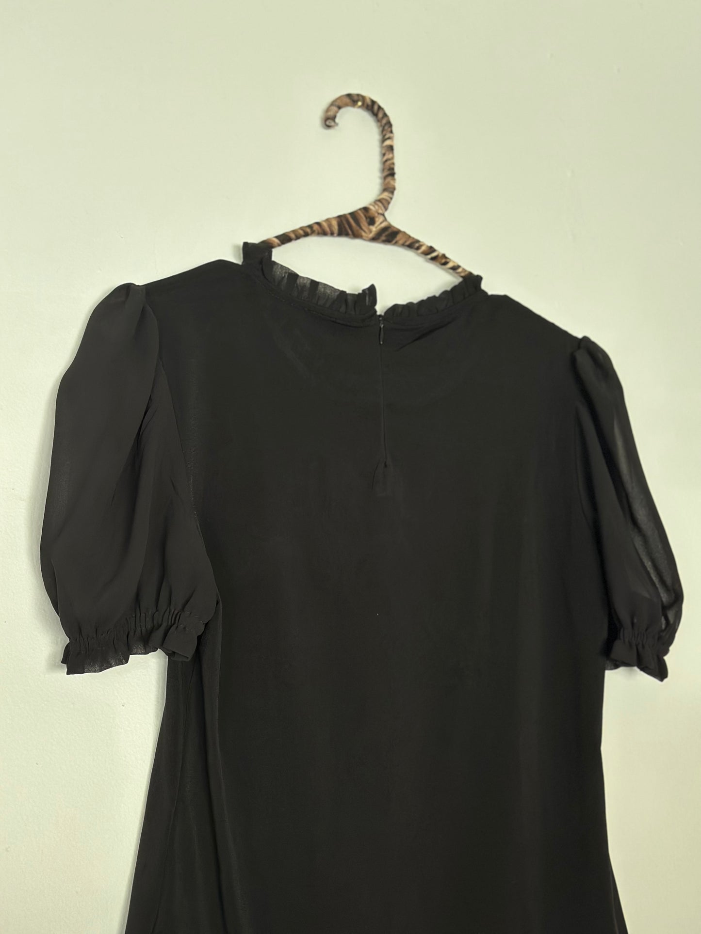 TAHARI | Black Chiffon Sheered Sleeve Ruffle Neck Blouse