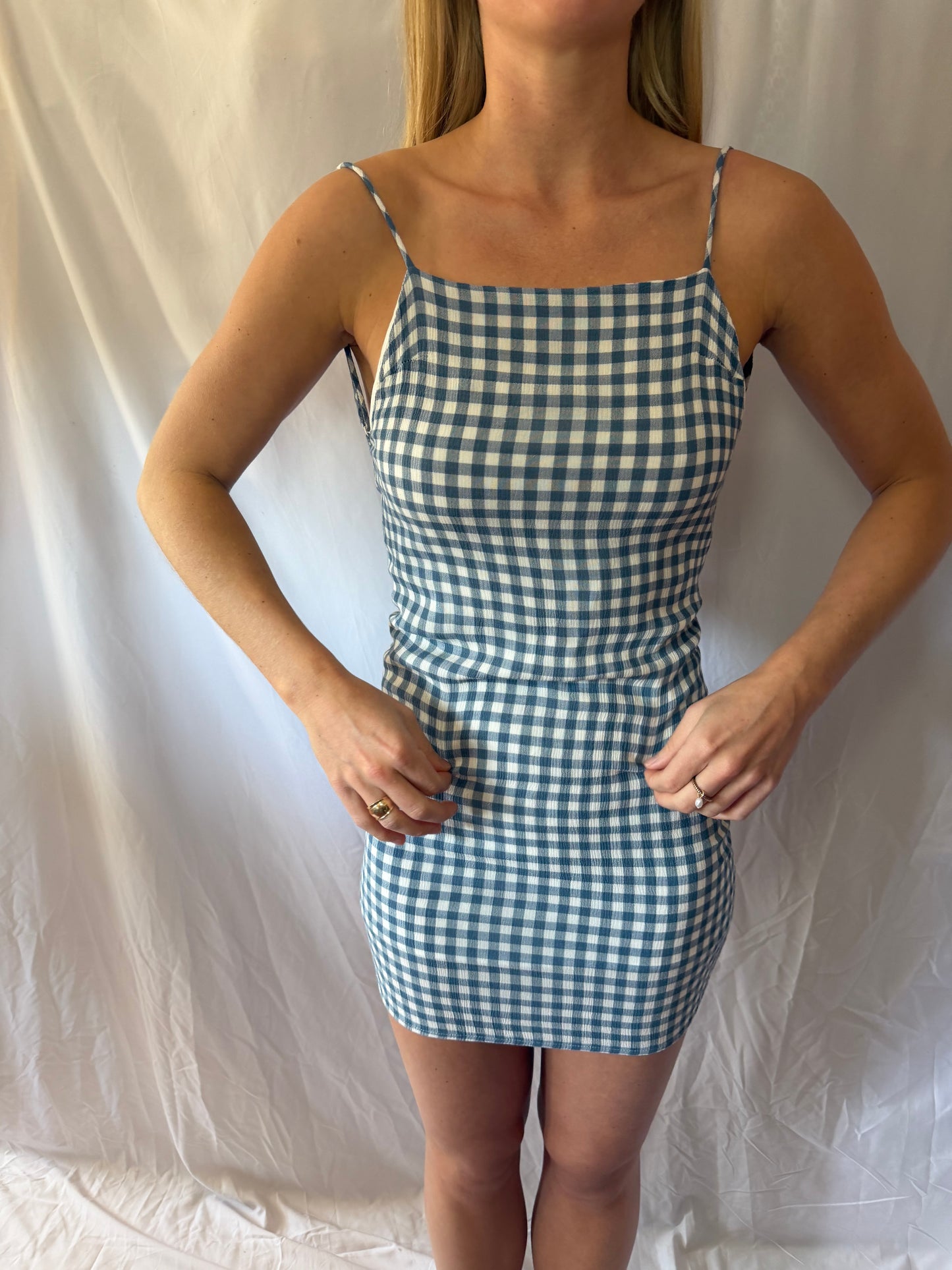 Olivaceous | Gingham Open Back Midi Dress, S