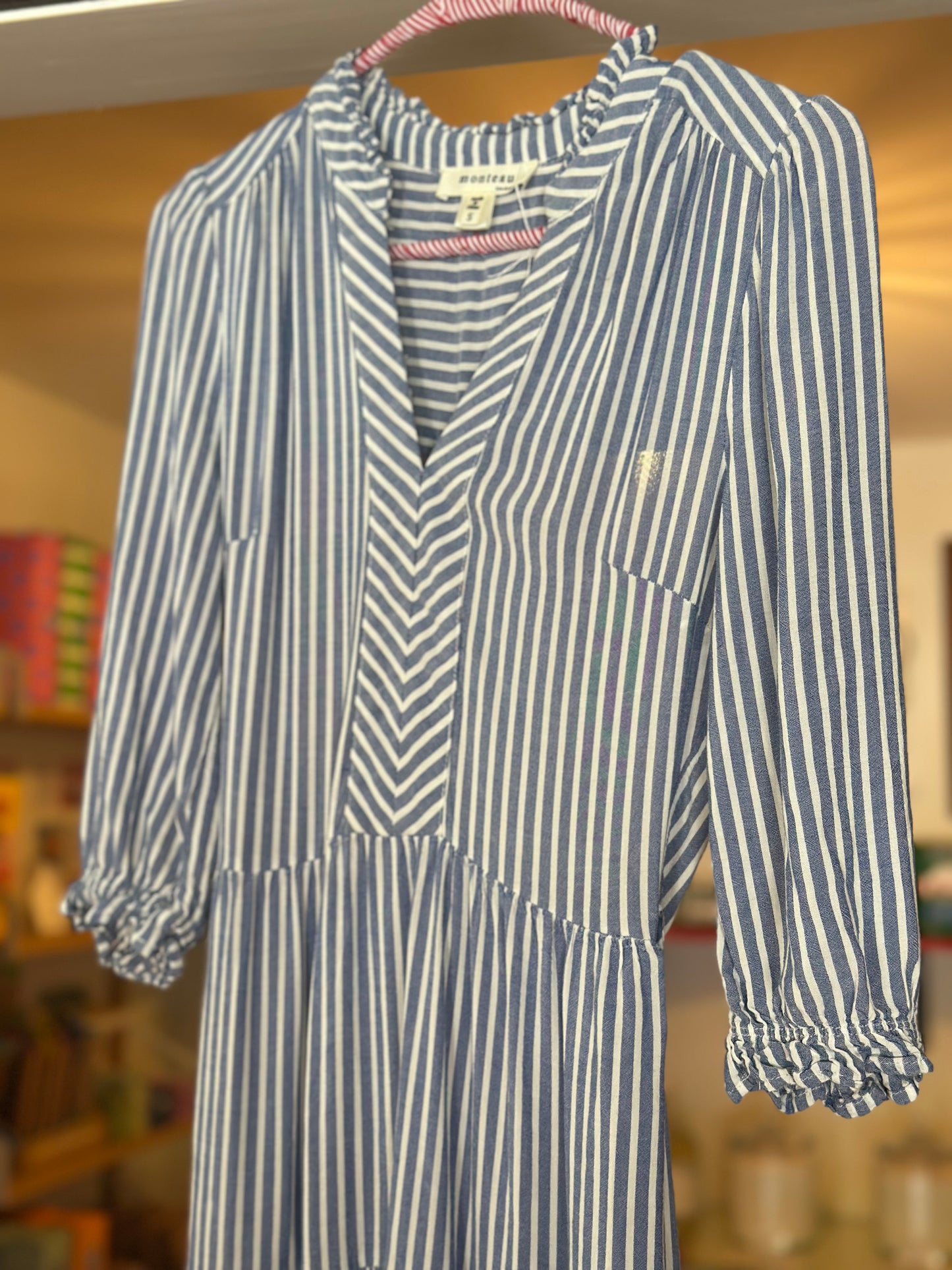 Monteau | Blue & White Striped Linen Blend Midi