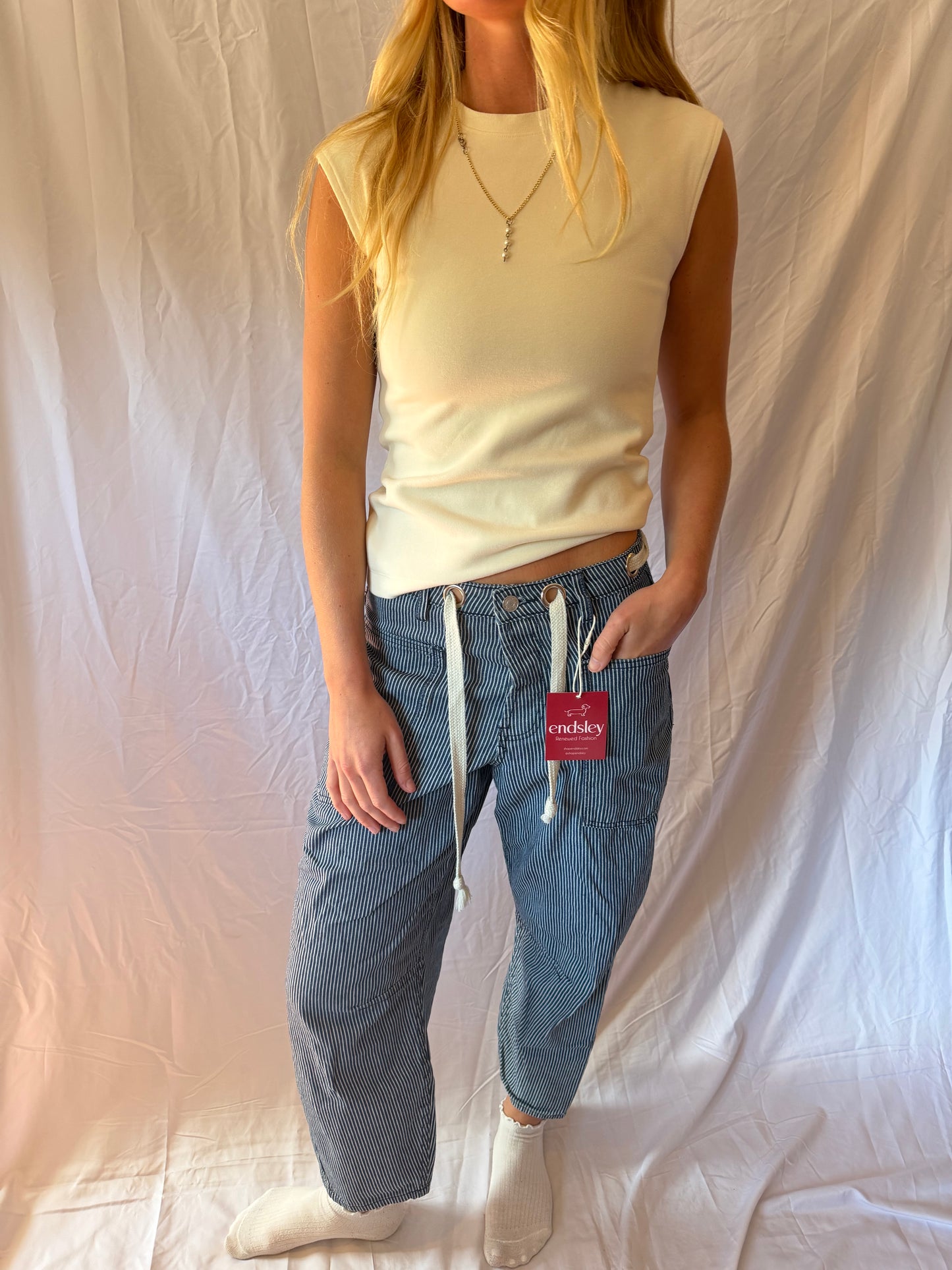 Cali 1850 | Striped Tie Waist Barrel Jeans, 27