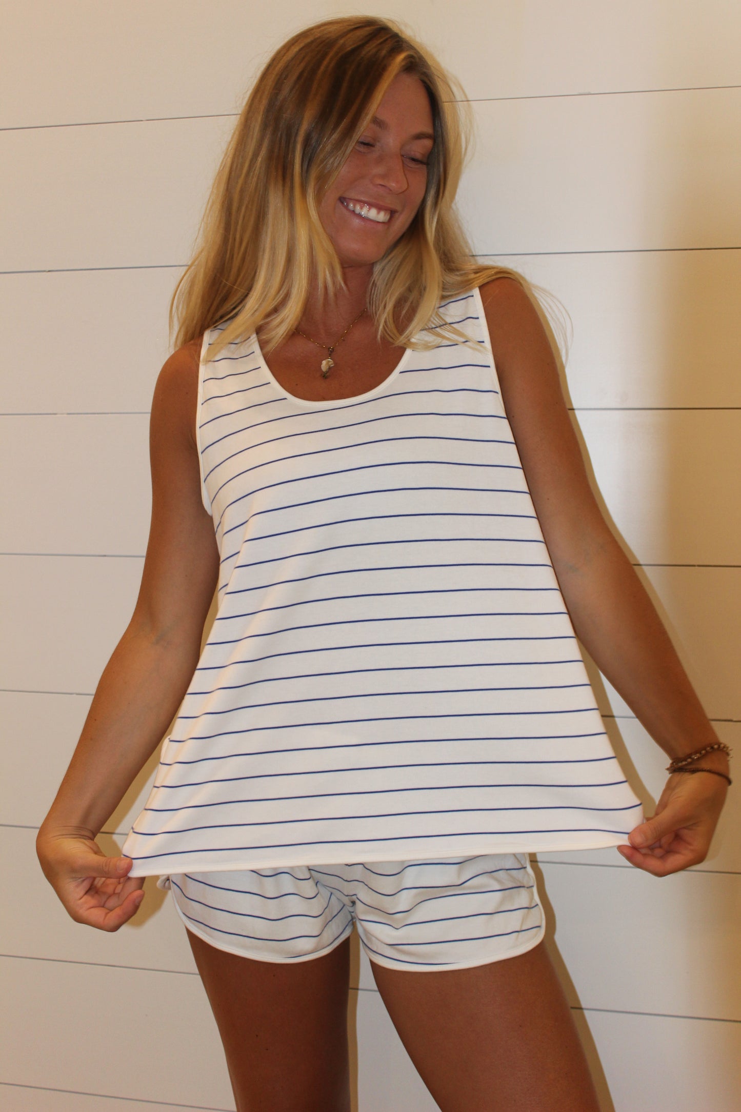 LAKE | Sleeveless Striped Pajama Shorts Set, L