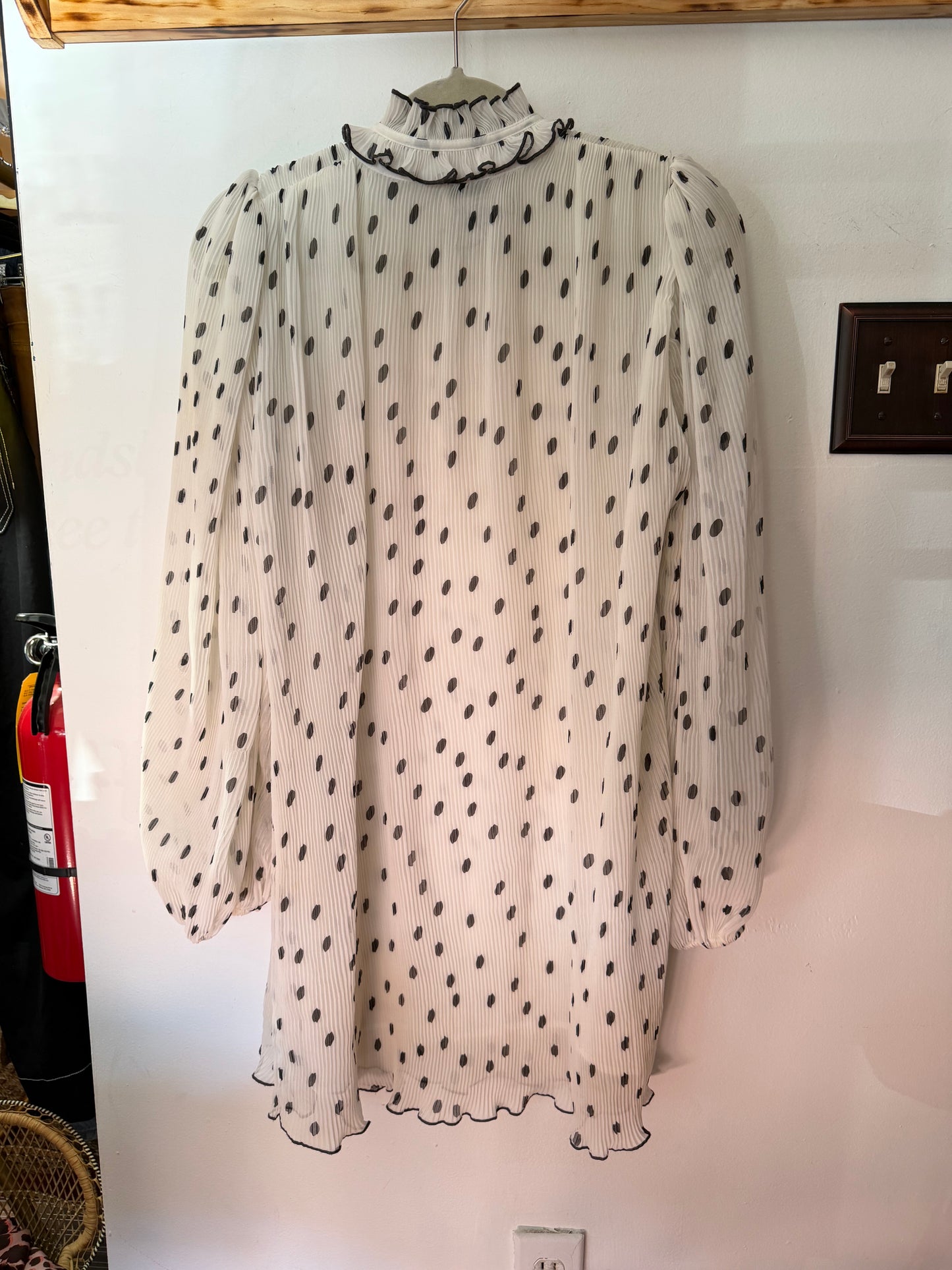 Ganni | White Chiffon Pleated Polka Dot White Dress - Ruffle Neck Detail, M