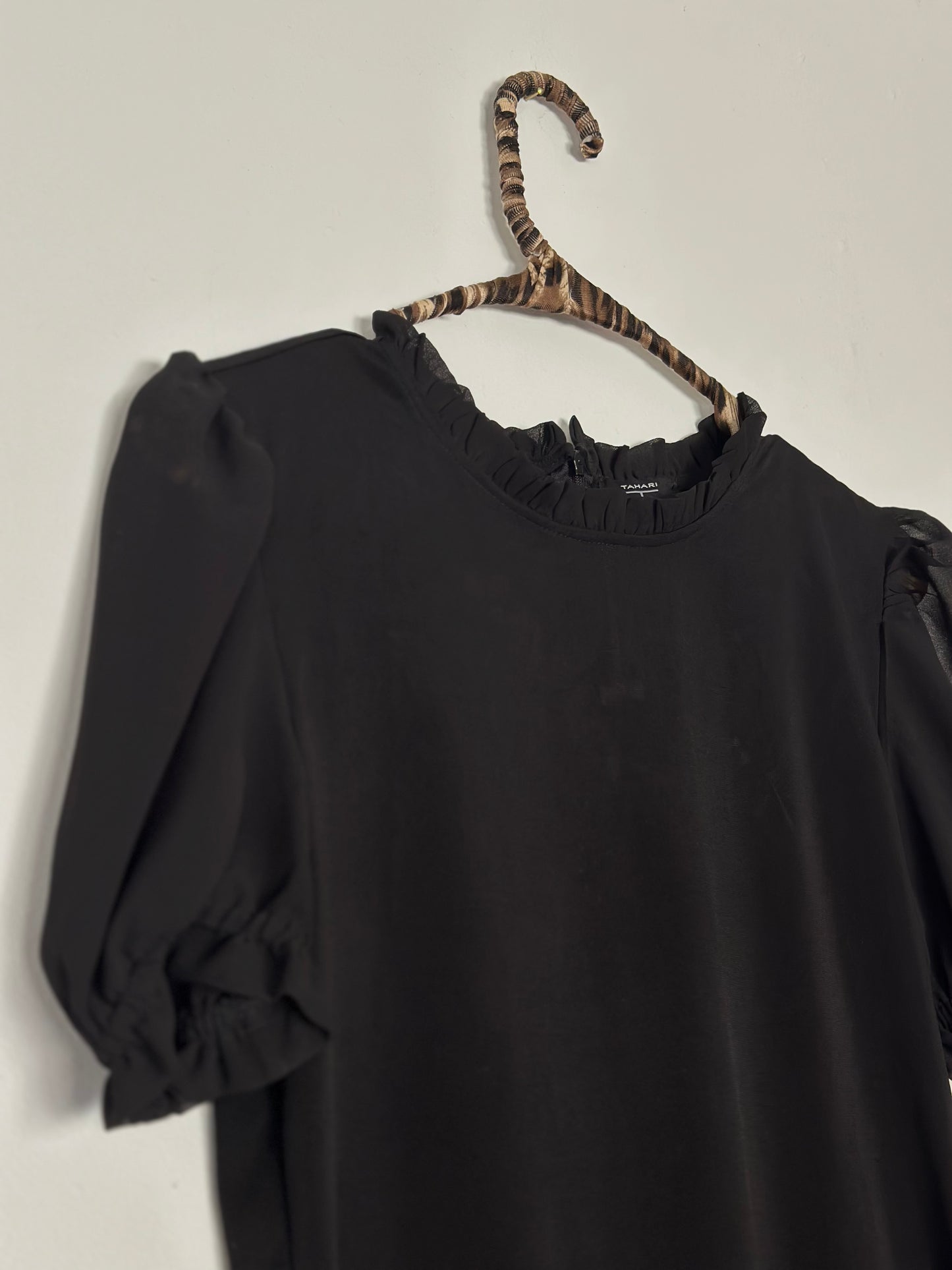 TAHARI | Black Chiffon Sheered Sleeve Ruffle Neck Blouse