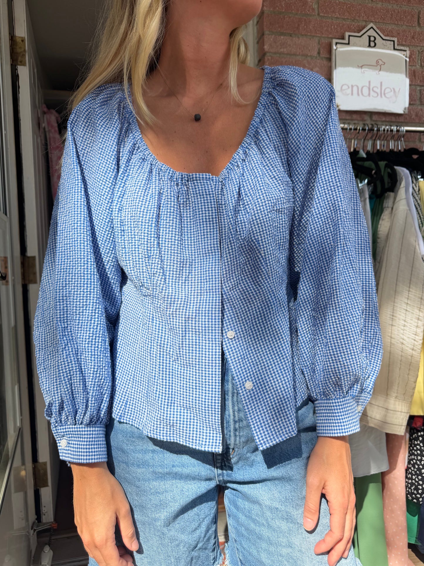 Tuckernuck | Micro Gingham Seersucker Quinn Blouse, M