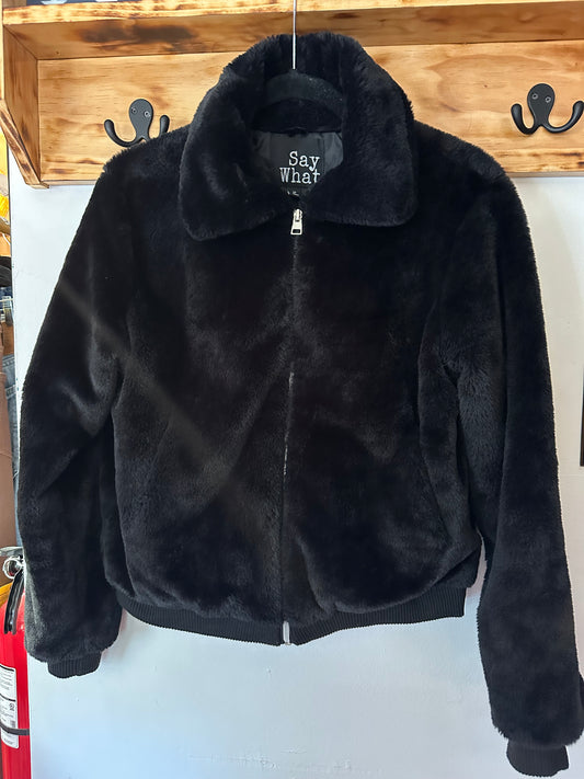 Say What | Fuzzy Black Zip Up Jacket, M