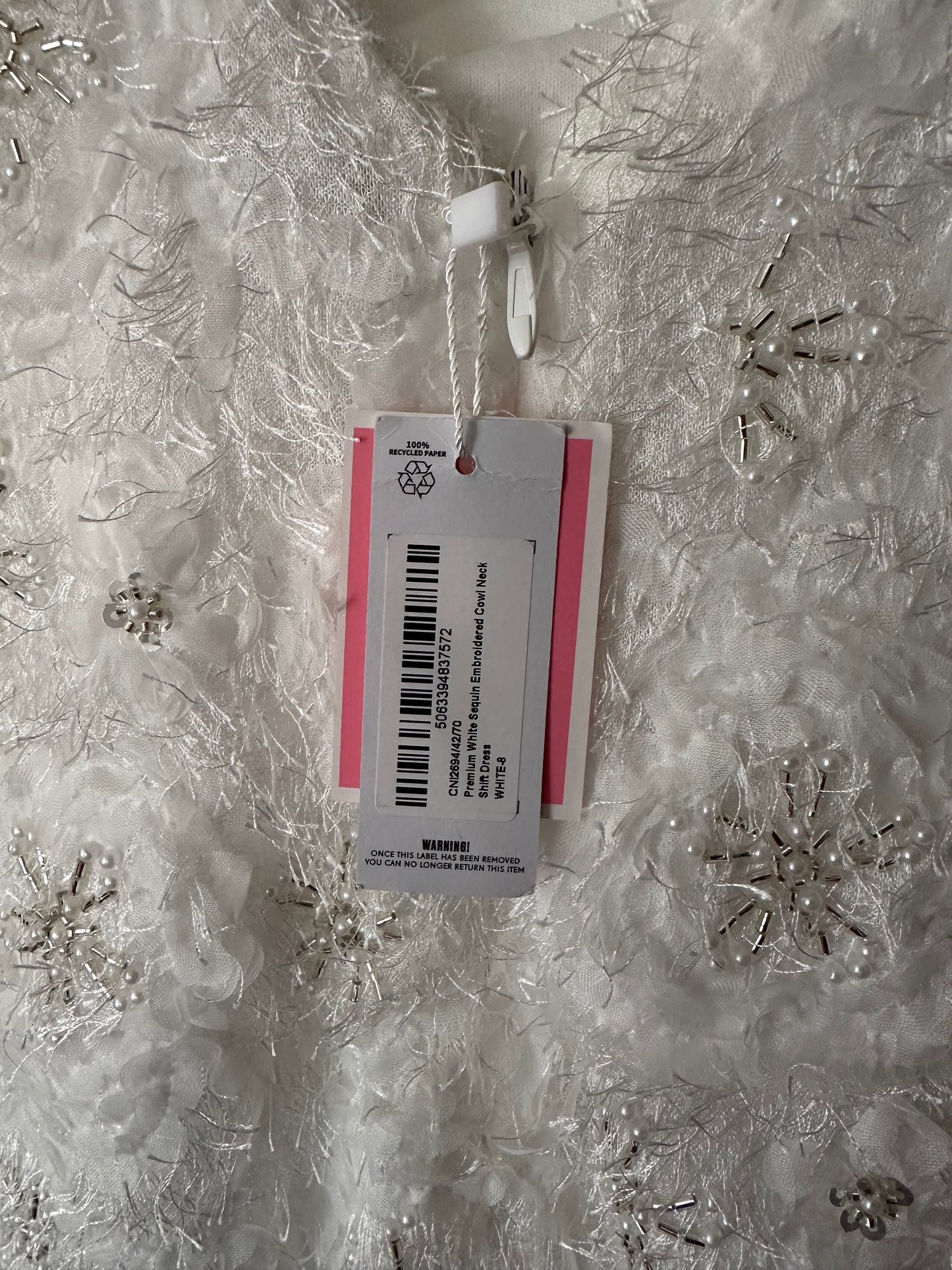 PrettyLittleThing | White Sequin Embroidered Cowl Neck Dress, 4