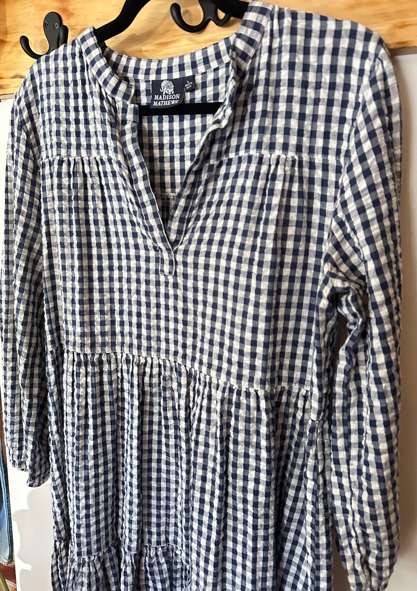 Madison Mathews ~ Navy Gingham Long Sleeve Dress, L