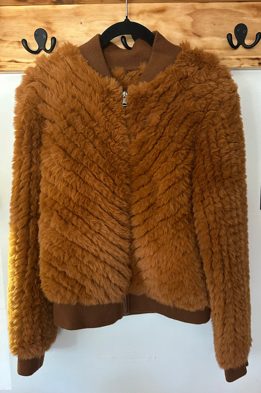 Love Token  | Dark Orange Fuzzy Zip Up Jacket, M