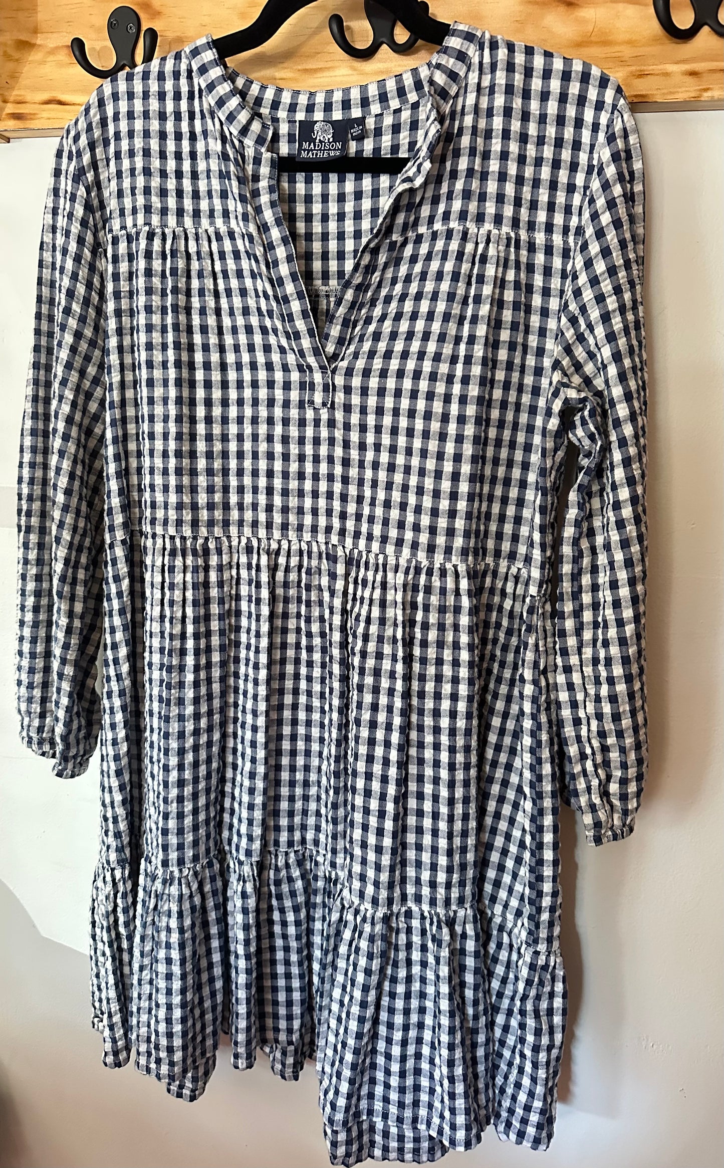 Madison Mathews ~ Navy Gingham Long Sleeve Dress, L