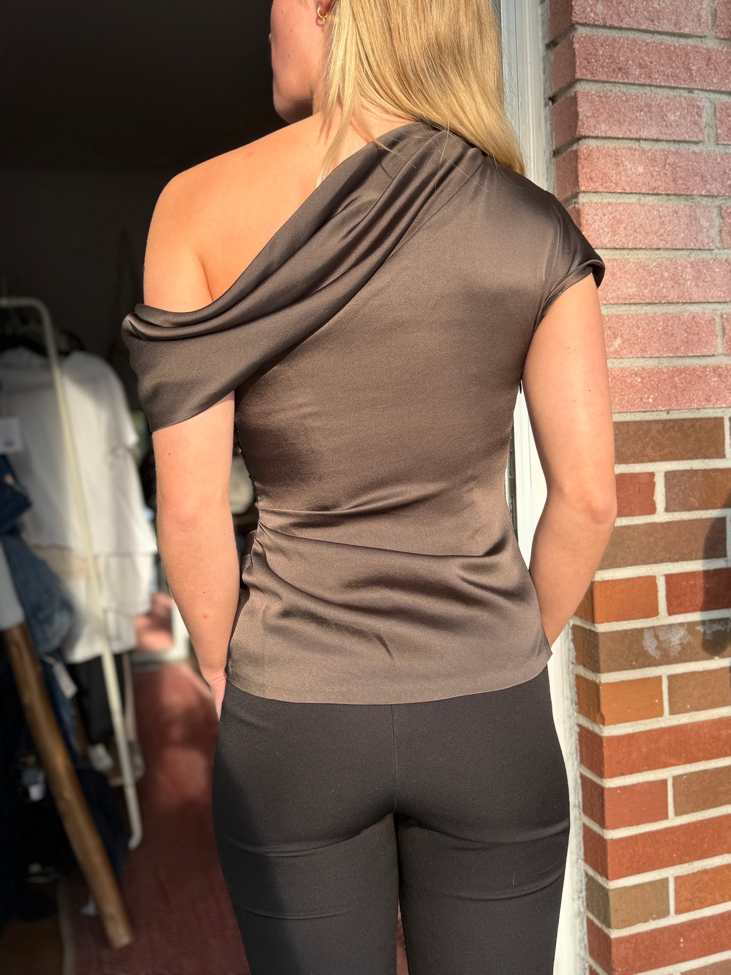 SIMKHAI | Brown Draped Satin Top, 0