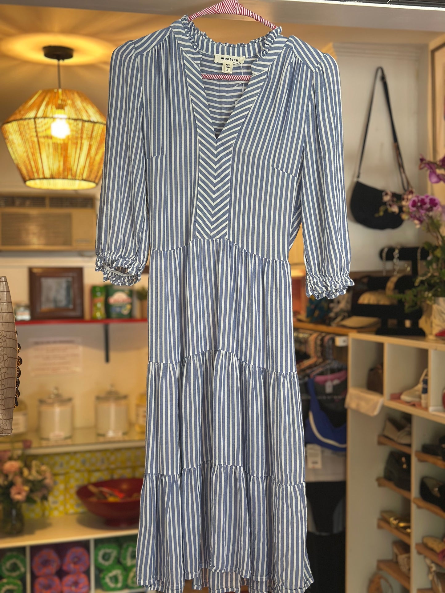 Monteau | Blue & White Striped Linen Blend Midi