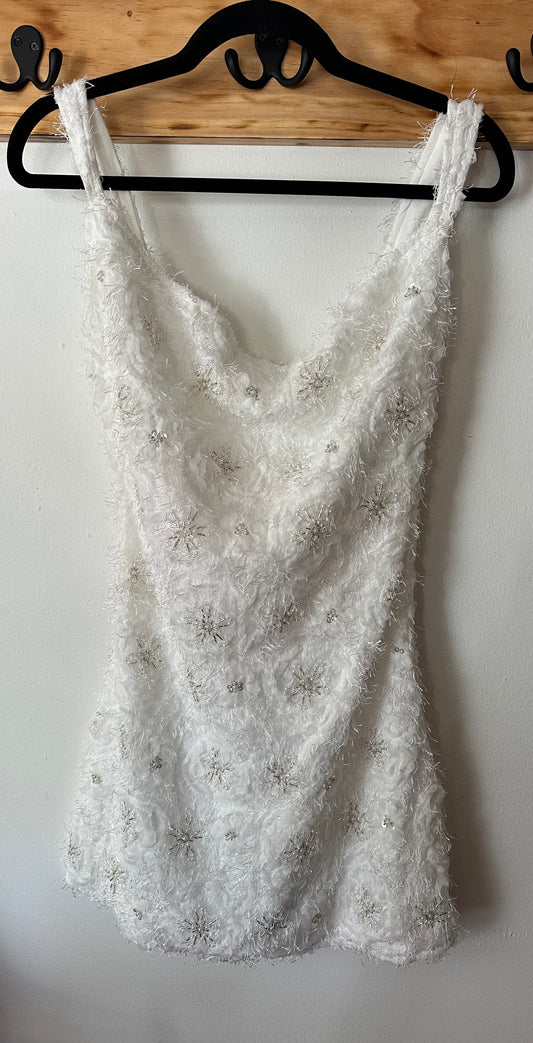 PrettyLittleThing | White Sequin Embroidered Cowl Neck Dress, 4