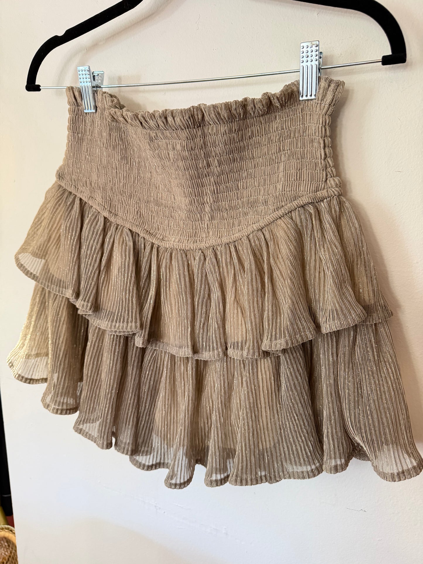 Miou Muse | Gold Shimmer Ruffle Skirt, M