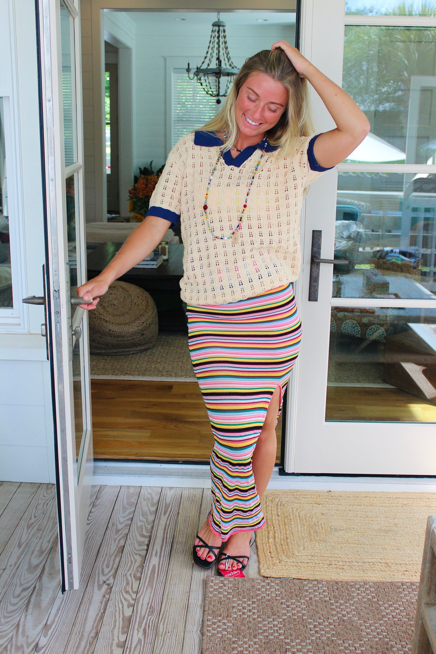 Which We Want | Striped Crochet Side Slit Skirt, S