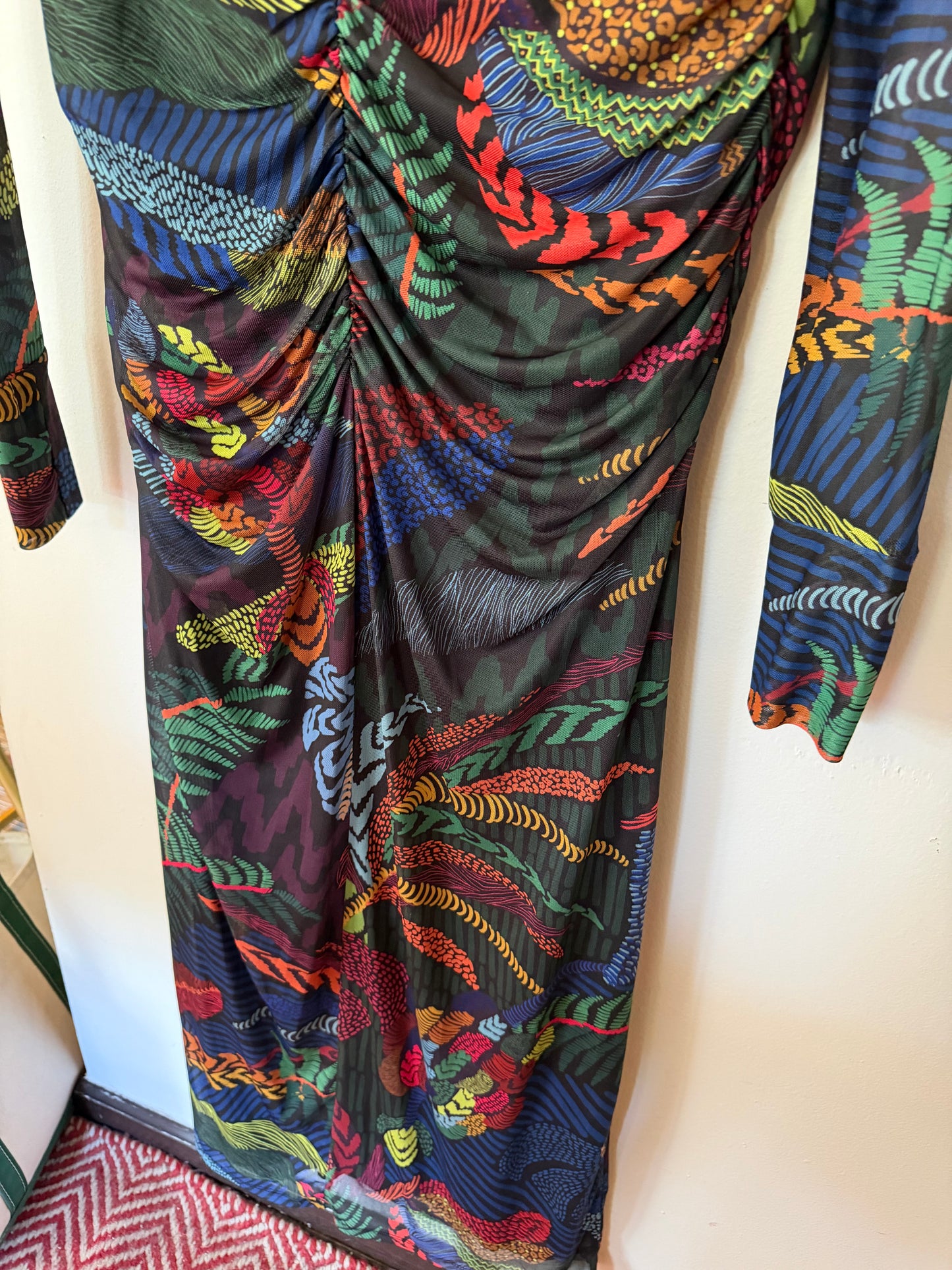 Farm Rio | Long-Sleeve Mock-Neck Mesh Slim Midi Dress