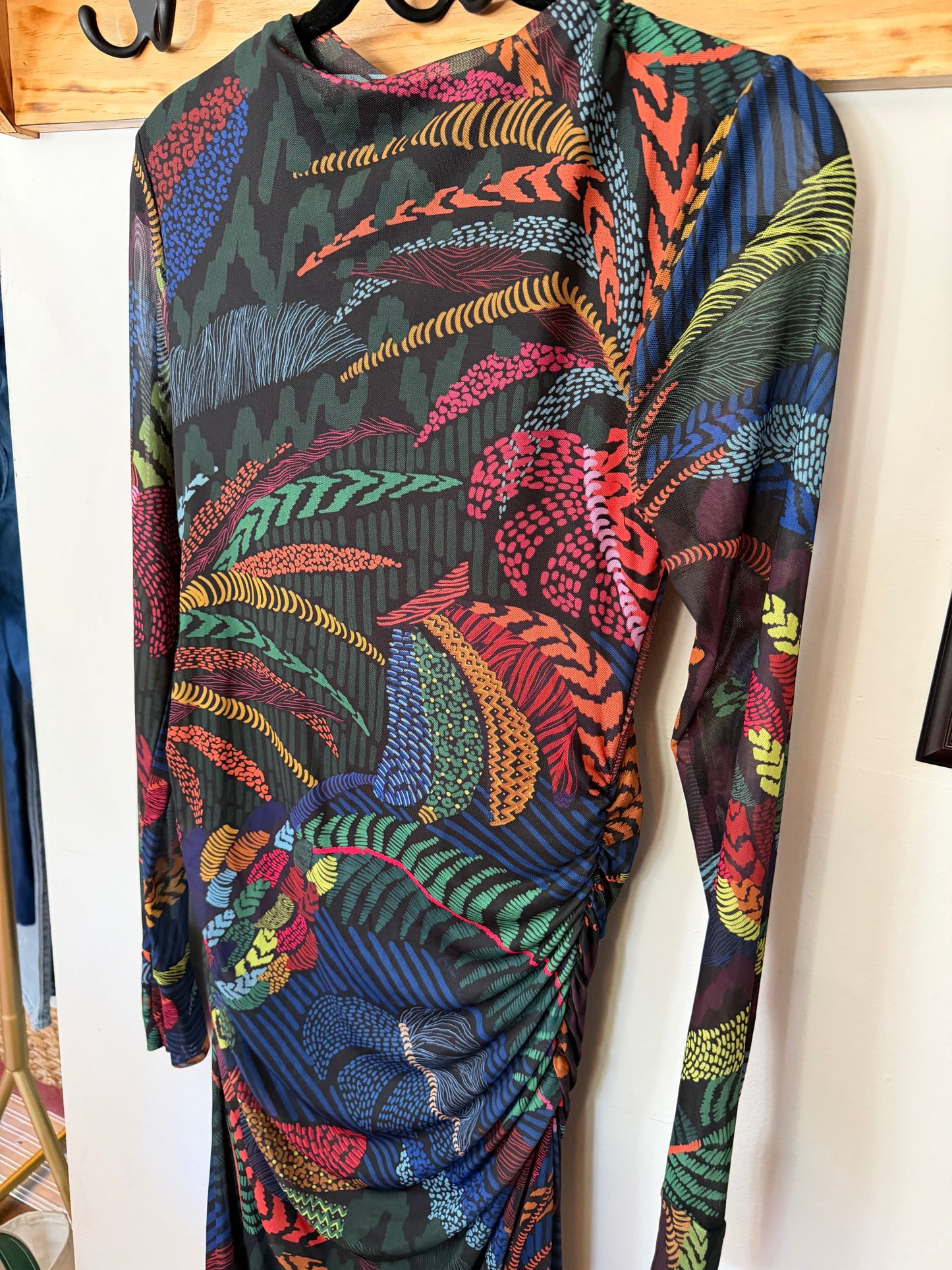 Farm Rio | Long-Sleeve Mock-Neck Mesh Slim Midi Dress