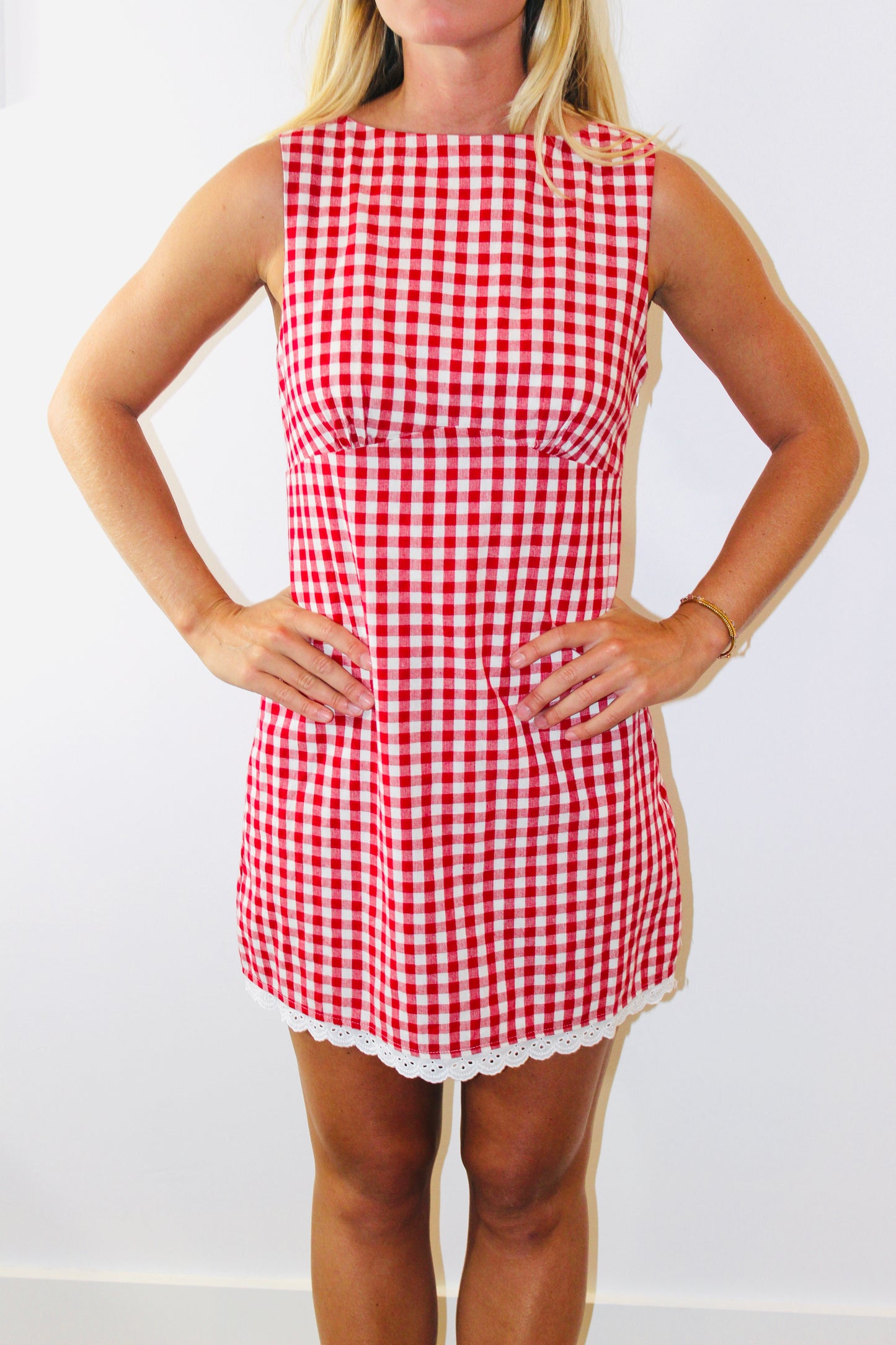 Here Comes The Sun | Gingham Lace Trim Dress, M