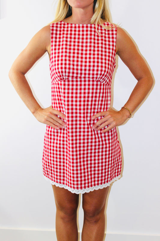 Here Comes The Sun | Gingham Lace Trim Dress, M