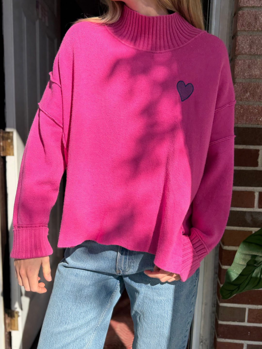 Maeve | Pink High Neck Sweater with Embroidered Heart, M