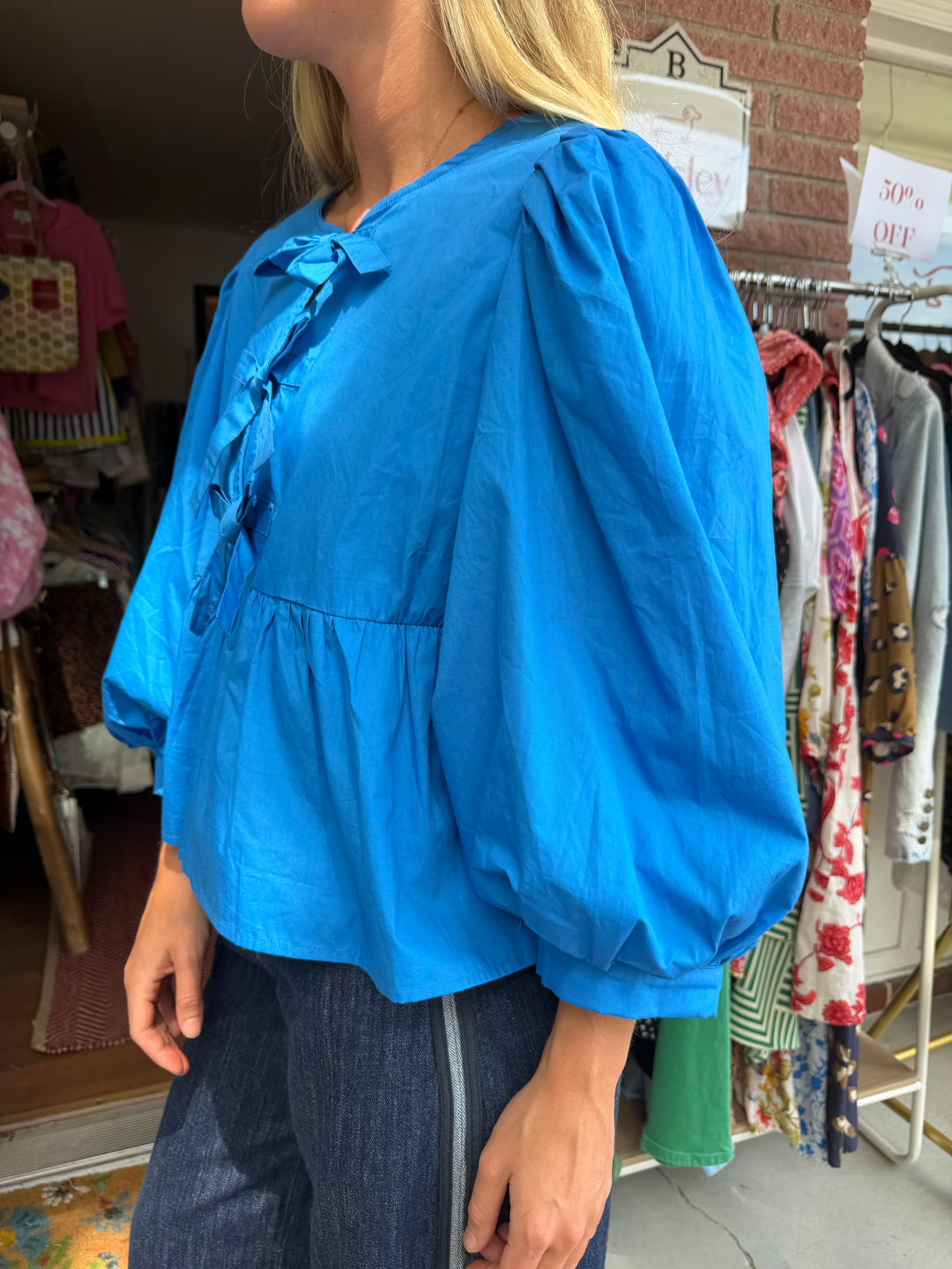 Jodifl | Tie Puffed Shoulder Top, L