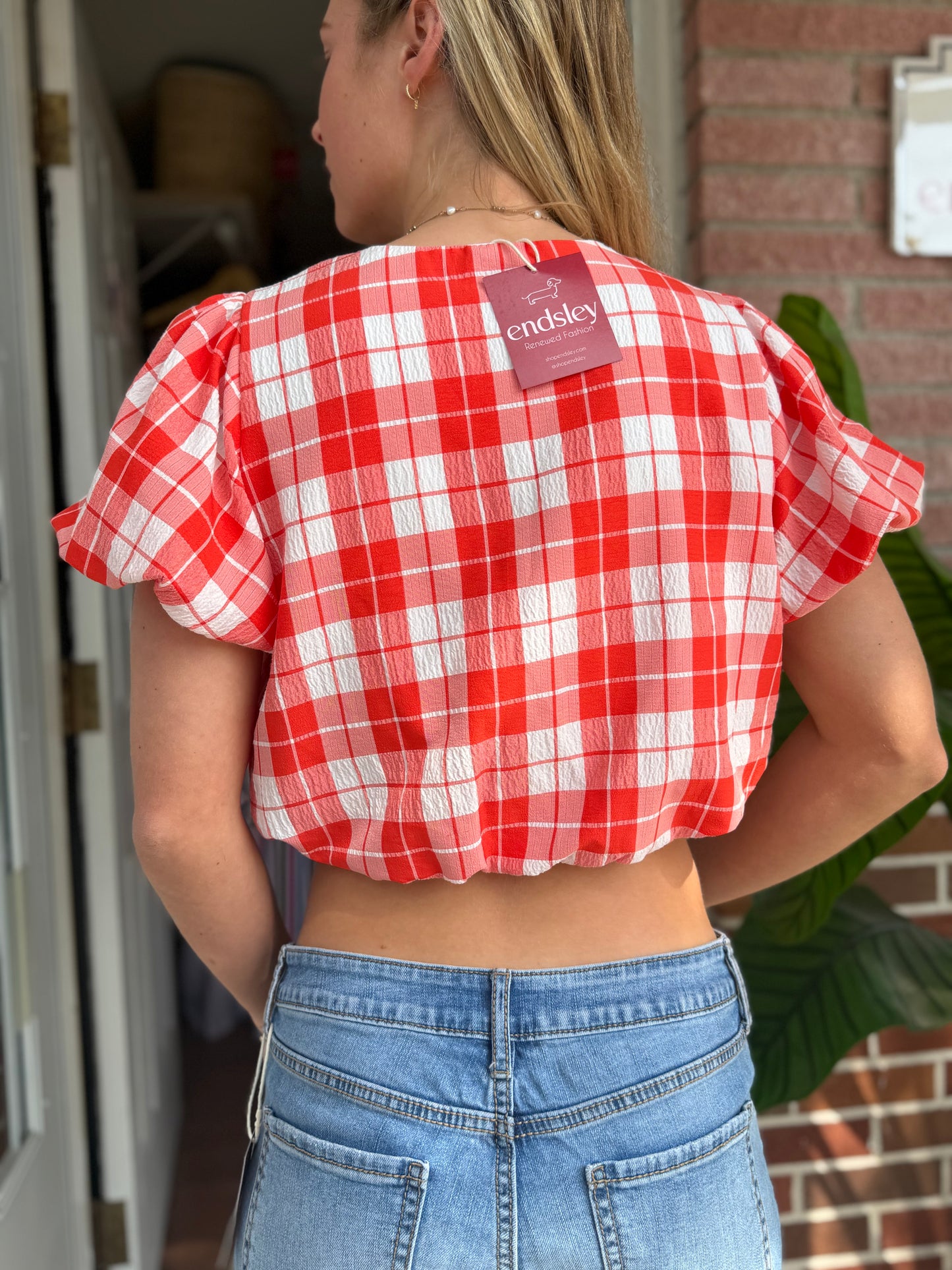 Showmeyourmumu | Puffed Shoulder Plaid Top, S