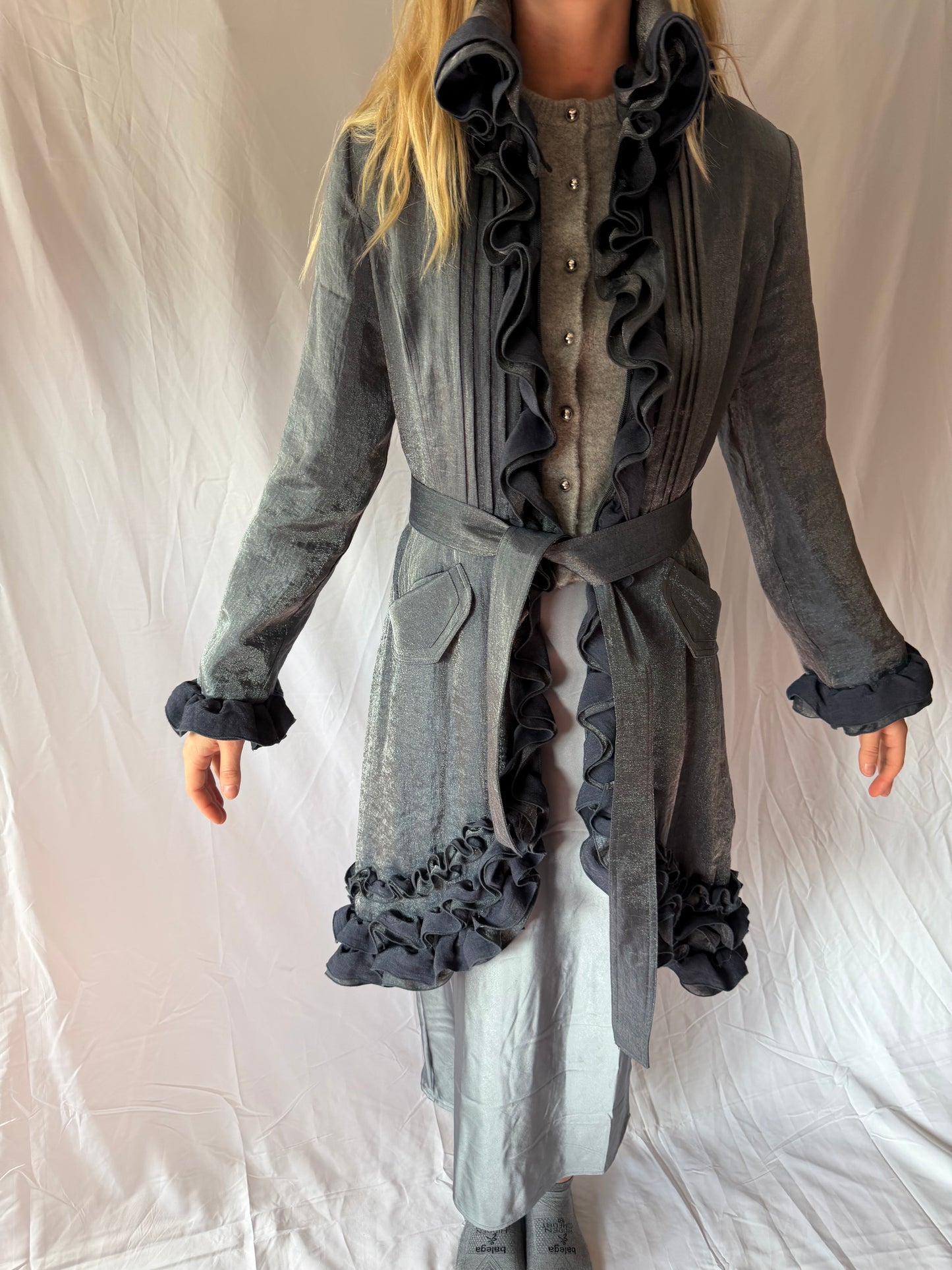 Samuel Dong | Ruffle Belted Zip Up Jacket, S