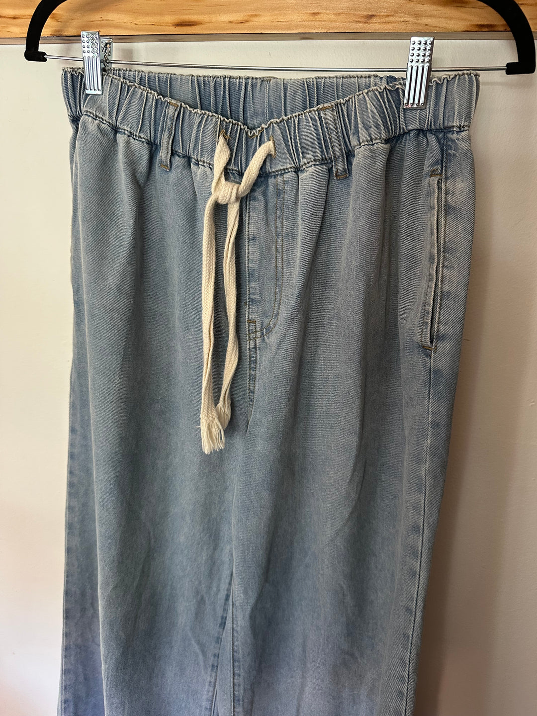 Cider | Leslie Denim High Waist Solid Tie Front Wide Leg Trousers, S