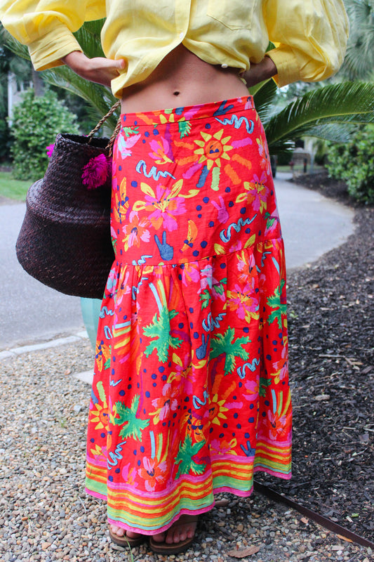 Maison d'Amelie  | Tropical Beach Print Midi Skirt, M