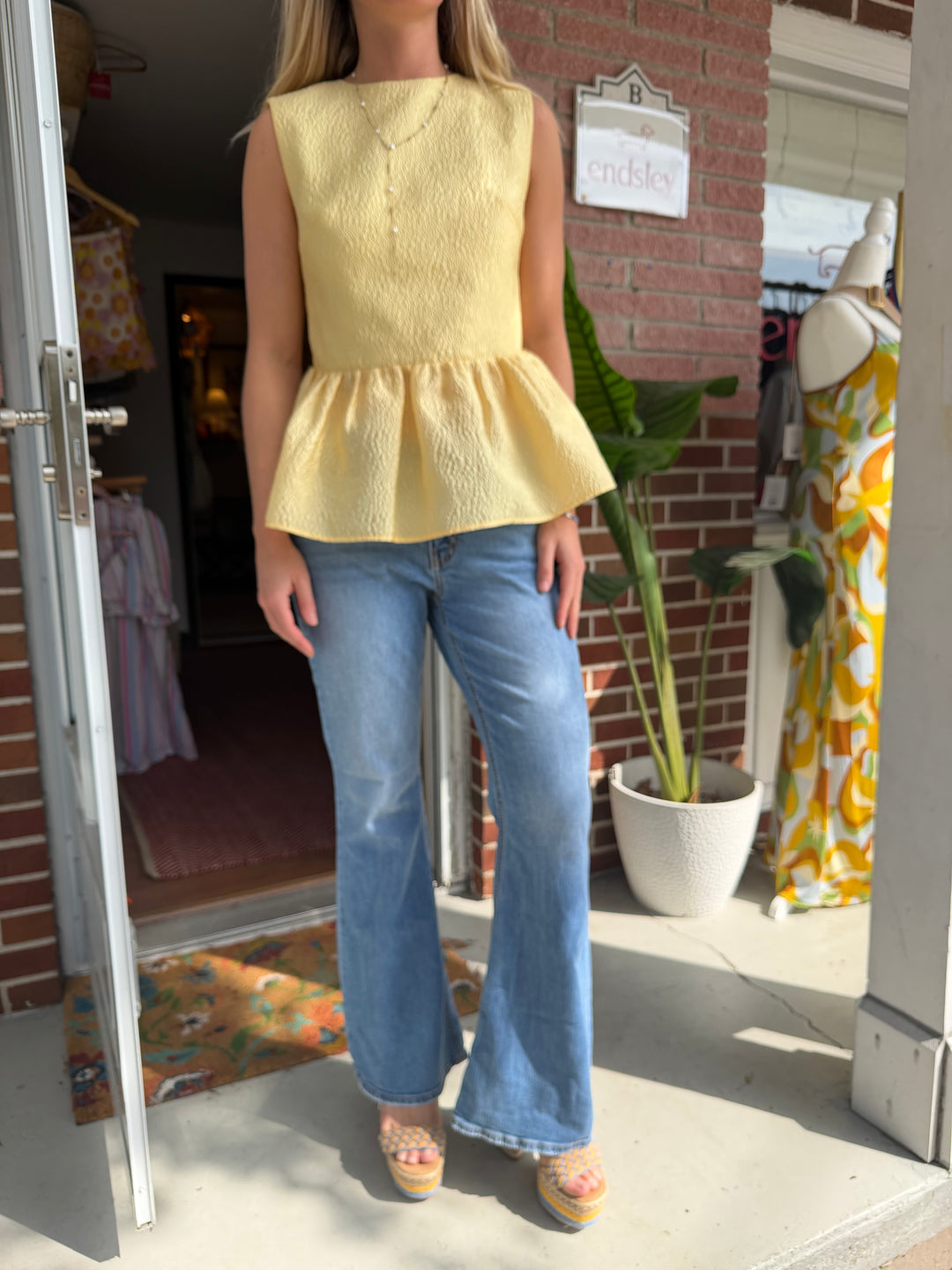 Rachel Gilbert | Yellow Open Back Peplum Top, S