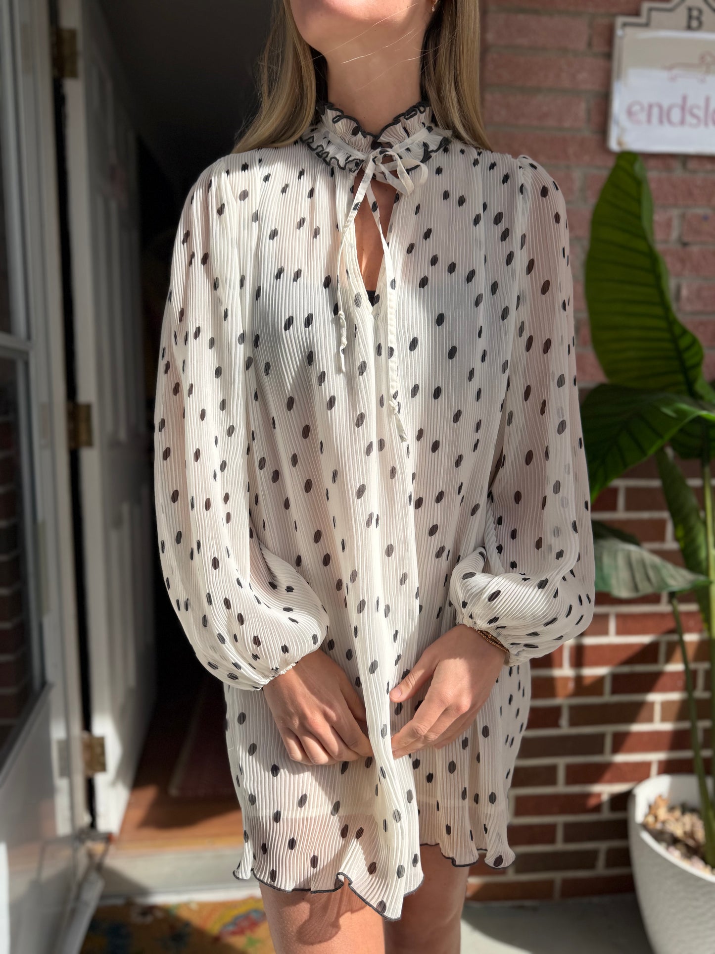 Ganni | White Chiffon Pleated Polka Dot White Dress - Ruffle Neck Detail, M