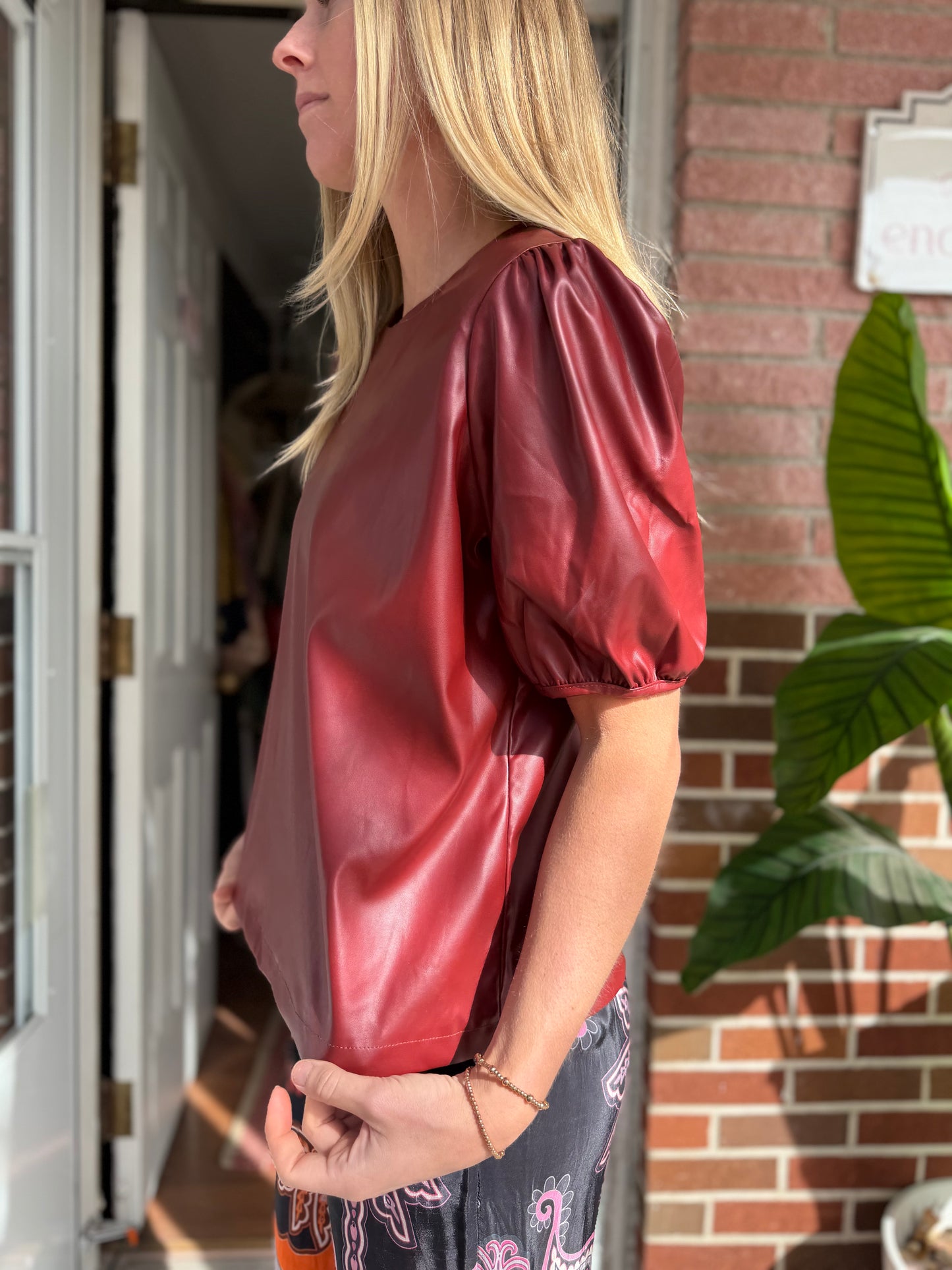 Ultra Pink | Leather Puff Sleeve Top, M