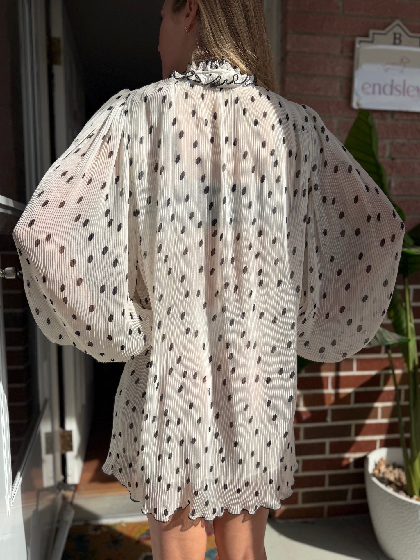 Ganni | White Chiffon Pleated Polka Dot White Dress - Ruffle Neck Detail, M