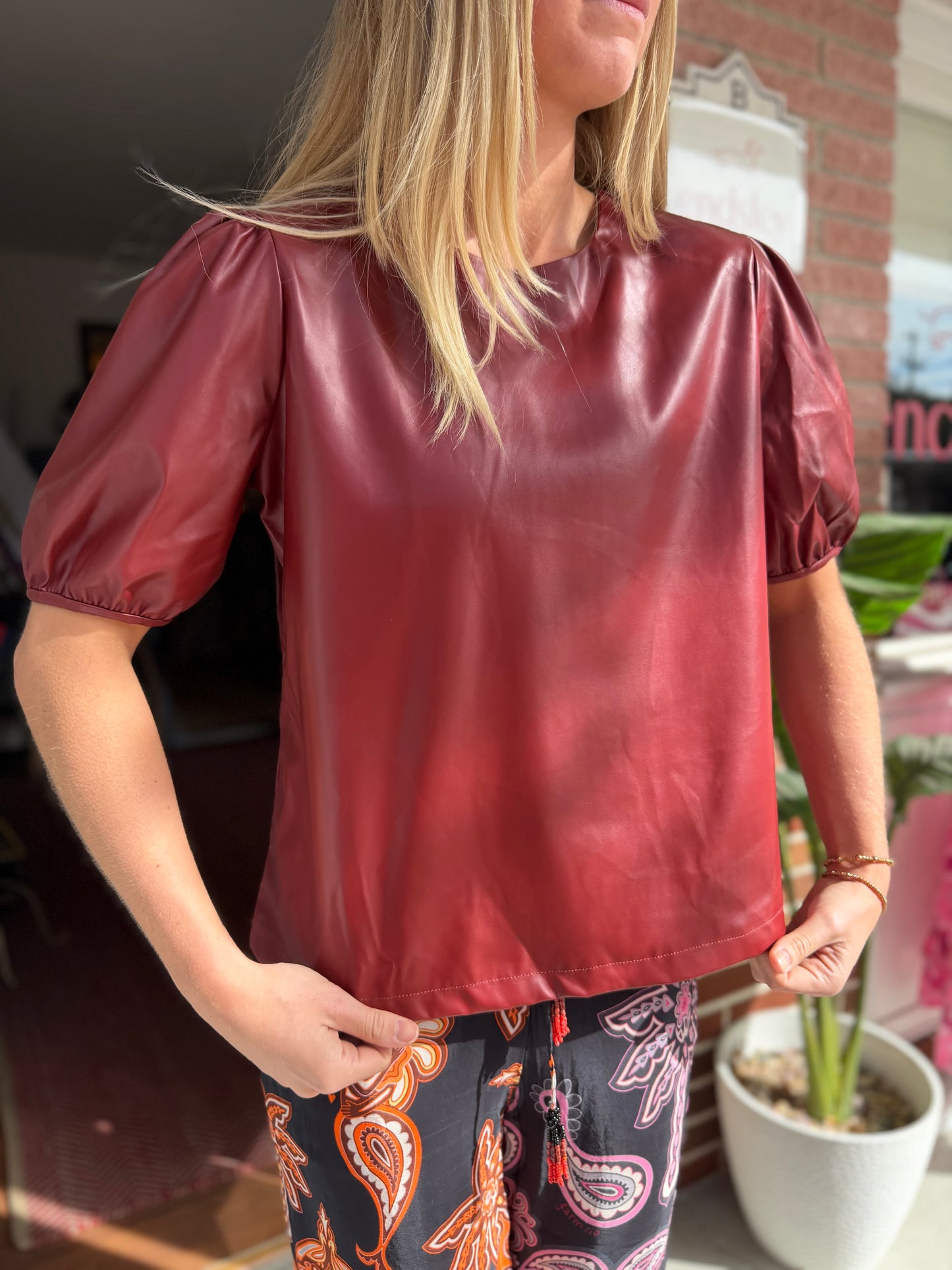 Ultra Pink | Leather Puff Sleeve Top, M