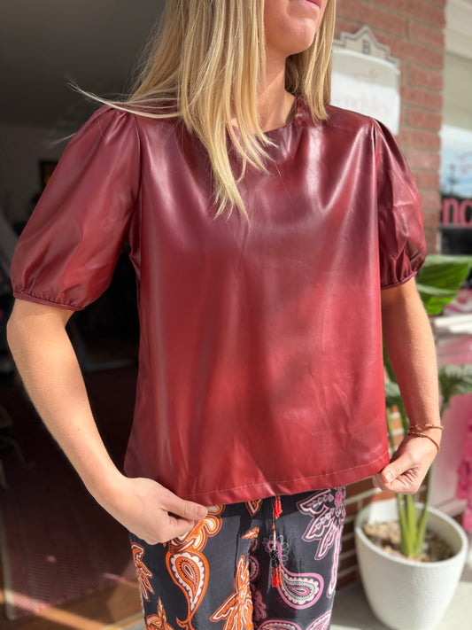 Ultra Pink | Leather Puff Sleeve Top, M
