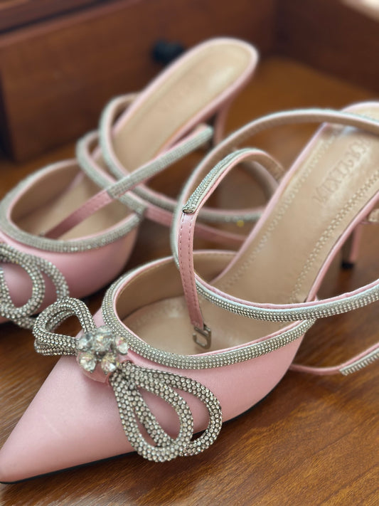 Hayixia | Pointed Toe Crystal Bow Heels | Light Pink