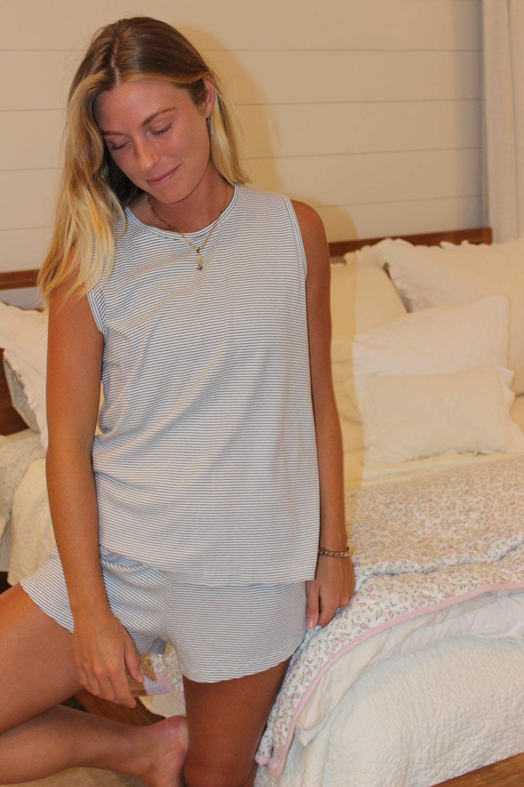 LAKE | Sleeveless Striped Pajama Shorts Set, L