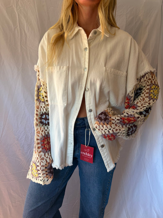 POL | Crochet Sleeve Button Up Jacket, M