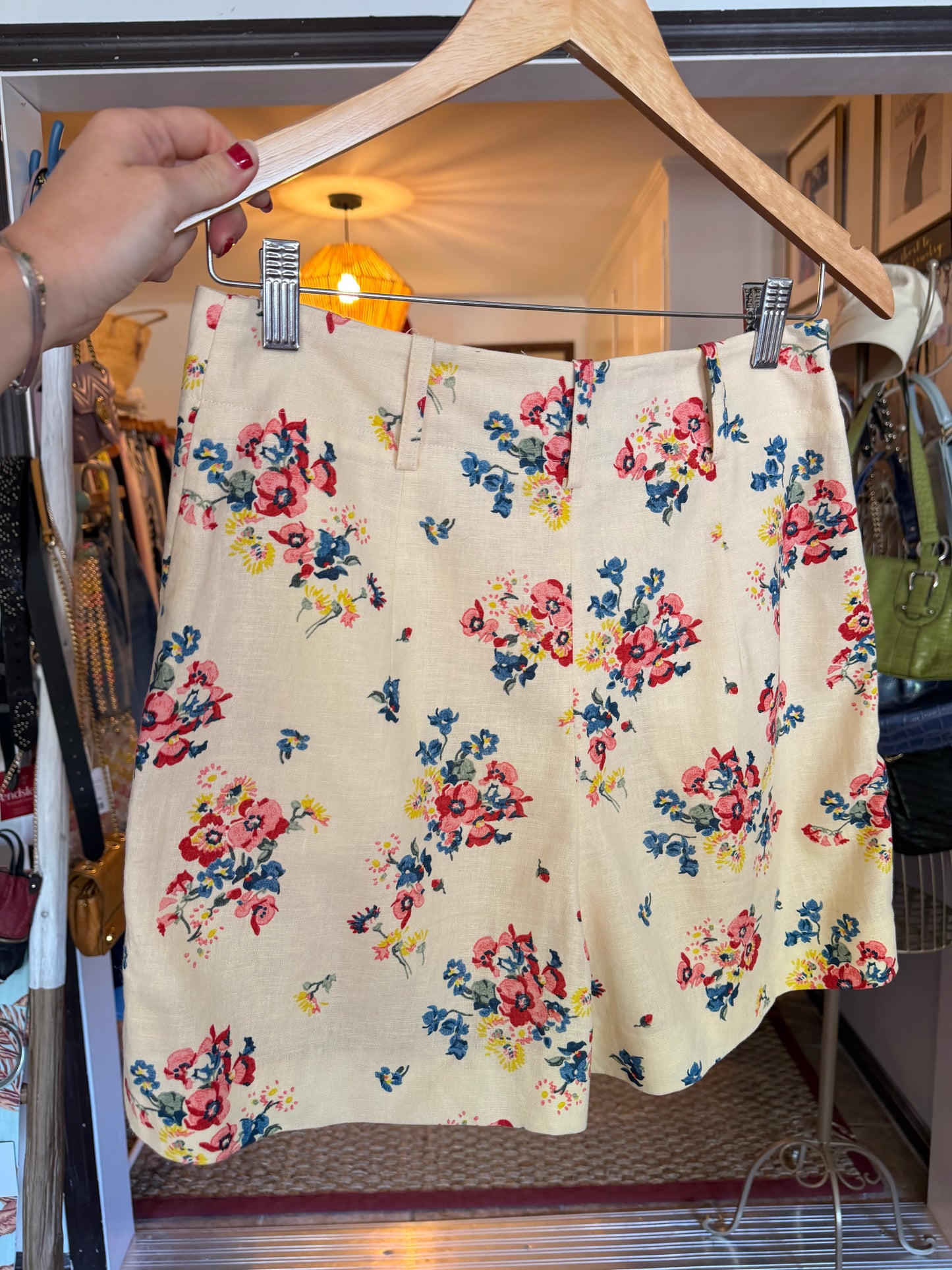 Sezane | Ecru Floral Linen Blend High Waisted Shorts, 36
