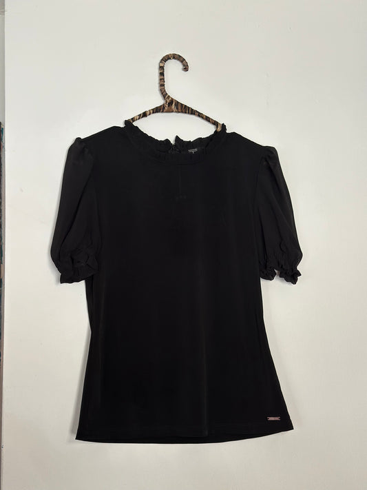 TAHARI | Black Chiffon Sheered Sleeve Ruffle Neck Blouse