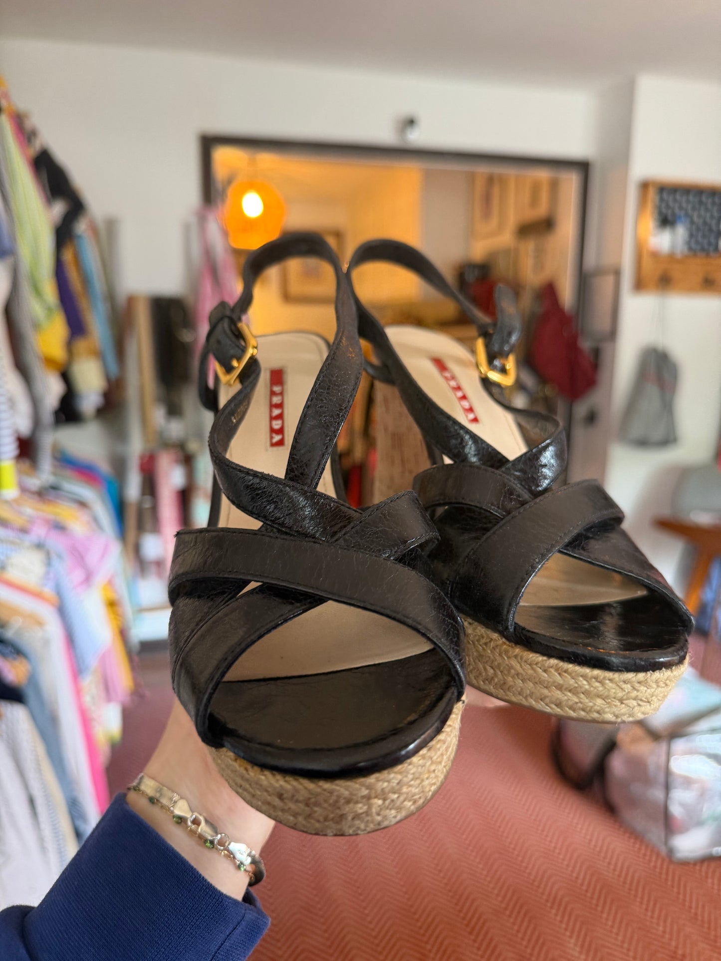 Prada | Patent Leather Cork Wedge, 7.5