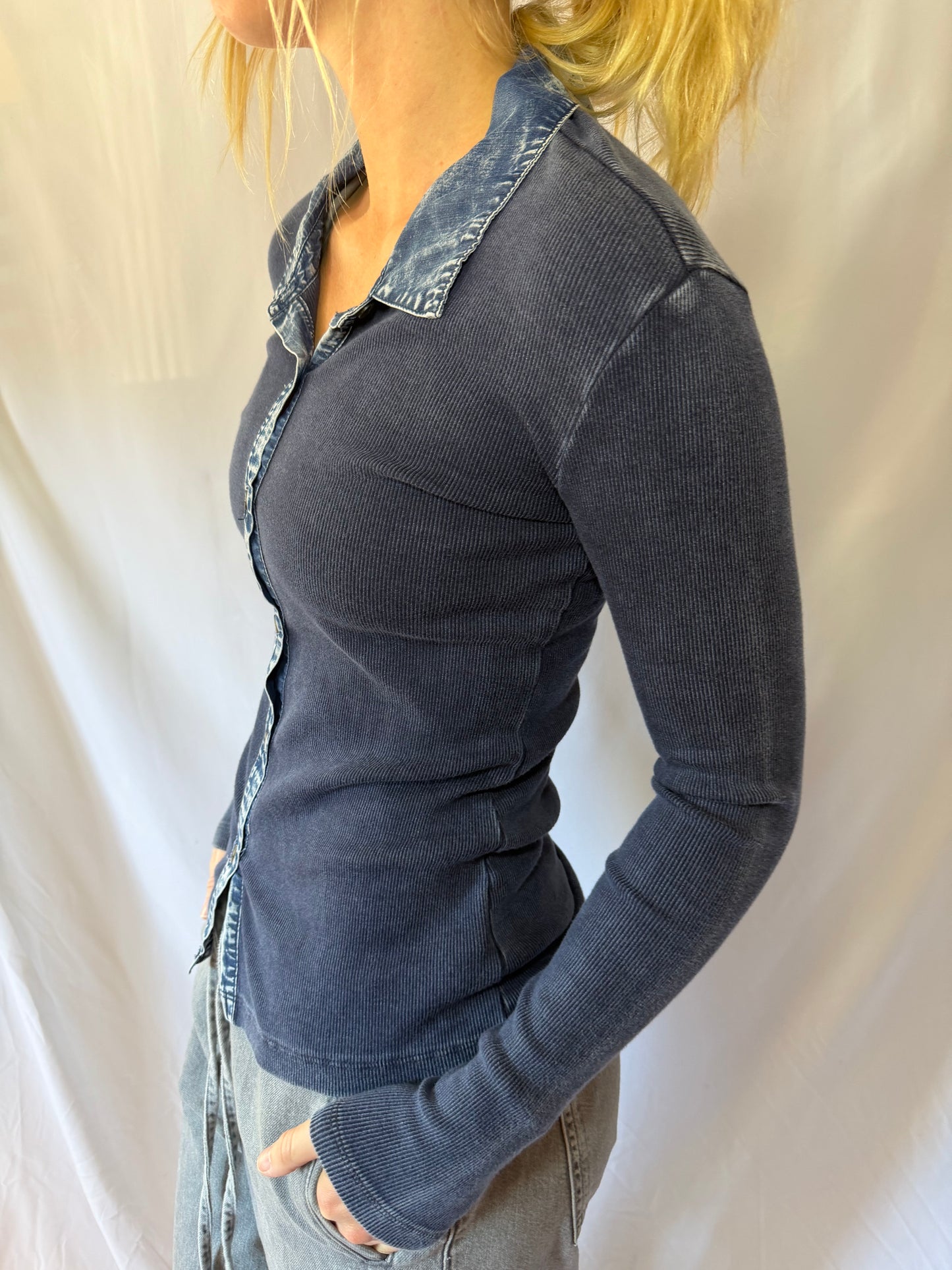 Red Haute | Rib Denim Collar Top, XS