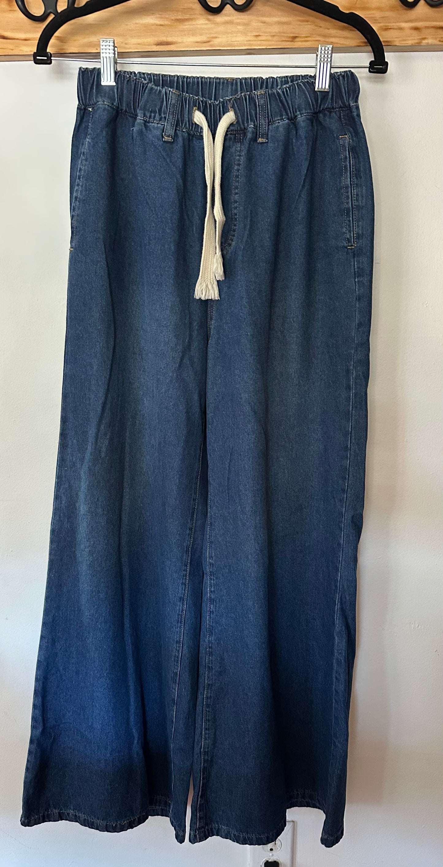 Cider | Leslie Denim High Waist Solid Tie Front Wide Leg Trousers, S