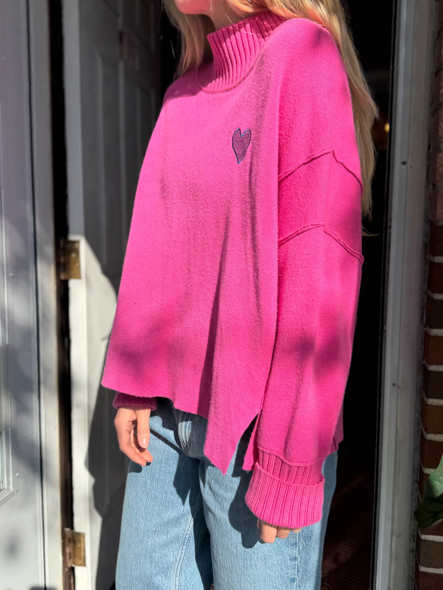 Maeve | Pink High Neck Sweater with Embroidered Heart, M