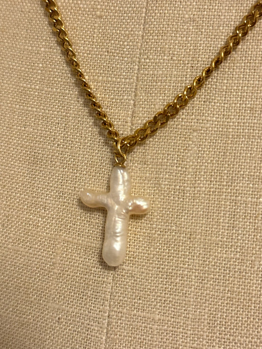 Gold Pearl Cross Necklace