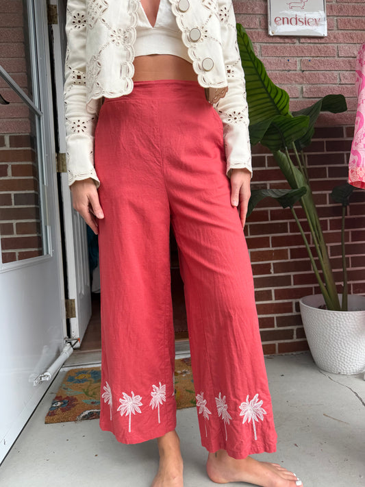 Citrine | Palm Tree Embroidered Pants, S
