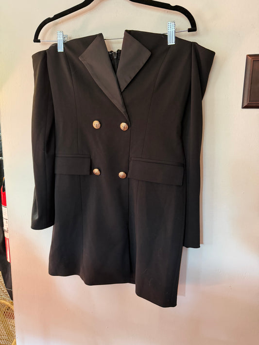 Miss Circle | Strapless Gold Button Dress, M