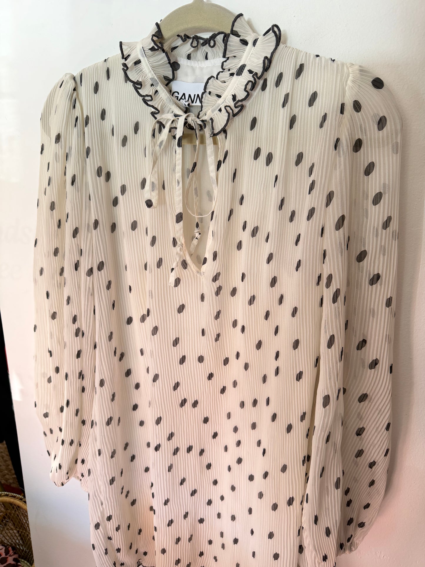 Ganni | White Chiffon Pleated Polka Dot White Dress - Ruffle Neck Detail, M