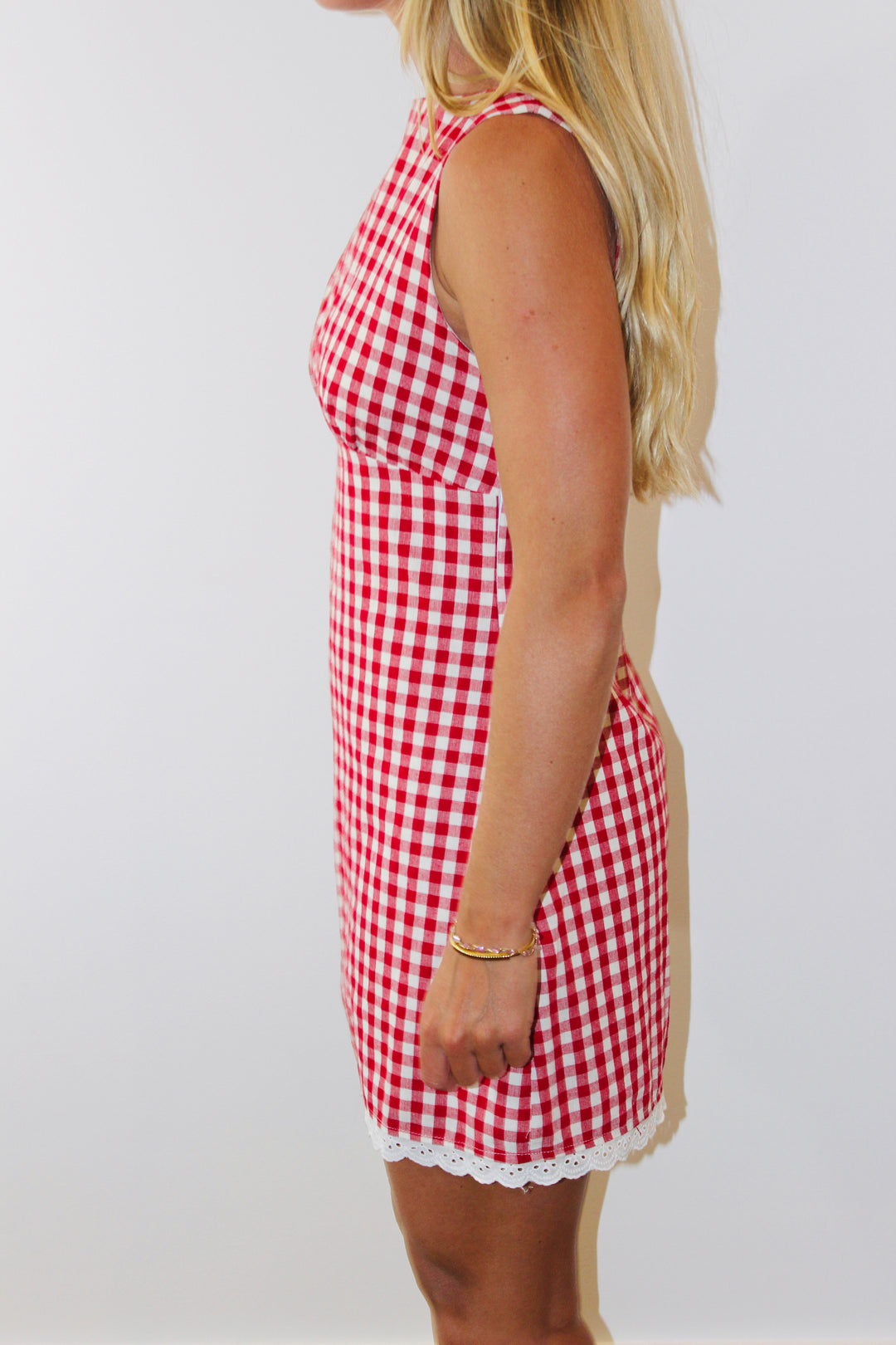Here Comes The Sun | Gingham Lace Trim Dress, M