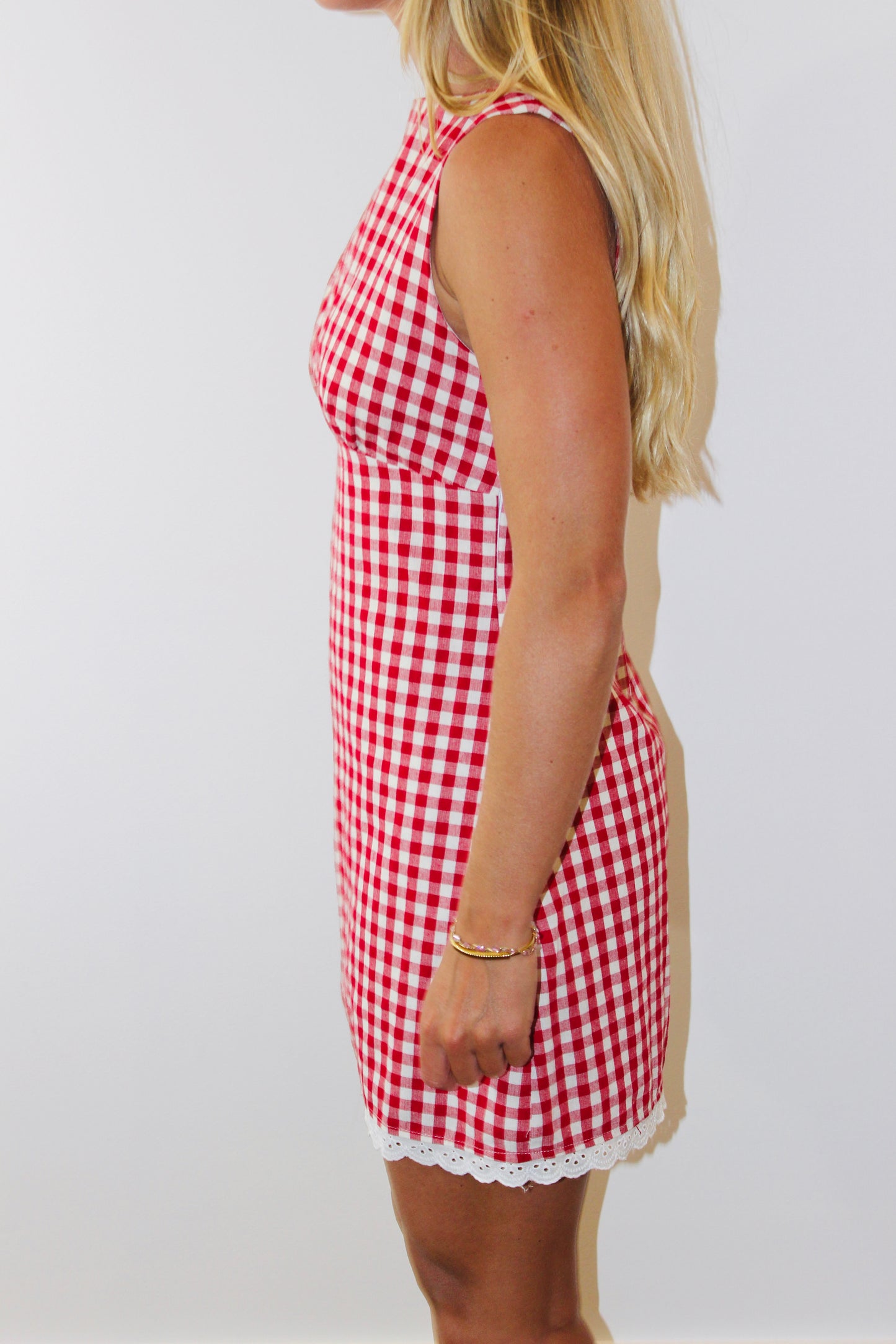 Here Comes The Sun | Gingham Lace Trim Dress, M